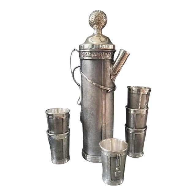 Antique Novelty Silver Plated 'Golf Bag' Cocktail Shaker Set with Glasses C.1920 For Sale