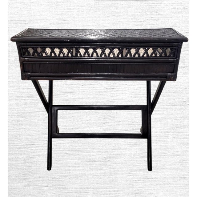 Vintage Customized Espresso Brown Wicker Leopard British Colonial Writing Desk For Sale - Image 9 of 11