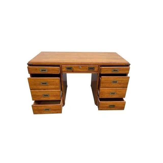 Wood 1970s National Mt. Airy Military Campaign Style Executive Desk For Sale - Image 7 of 12