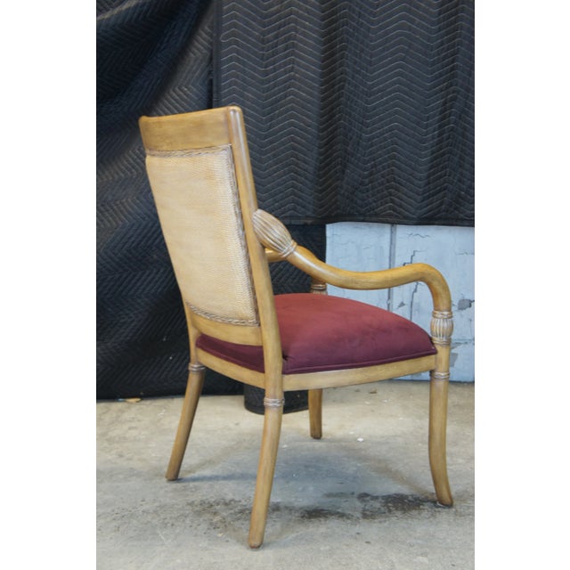 Late 20th Century Kreiss Modern Empire Style Mahogany & Wicker Back Arm Chairs with Suede Seat - a Pair For Sale - Image 5 of 13