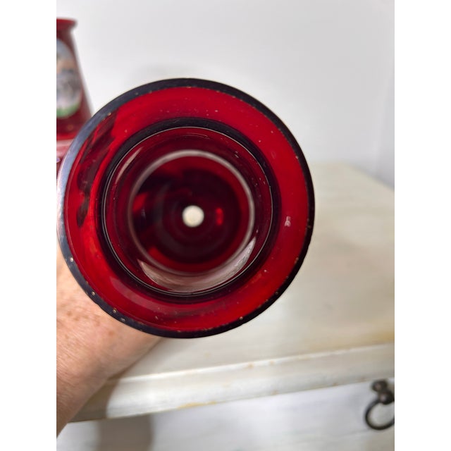 Pair of Hand Enameled Cranberry Bohemian Glass Vases For Sale - Image 9 of 11