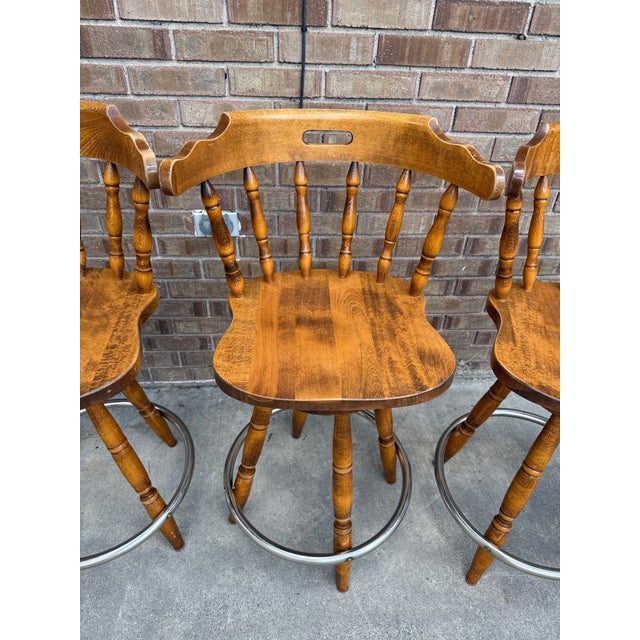 1960s 1960s Set of 3 Solid Wood Spindle Captain’s Chair Stools For Sale - Image 5 of 7