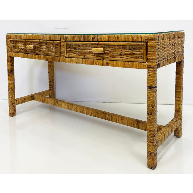 Late 20th Century Palm Beach Regency Coastal Modern Split Rattan Console With 2 Drawers For Sale - Image 5 of 5