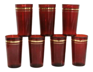 Ruby Red Glass Set of 7 Tumbler Water Juice Cups With Gold Trimb