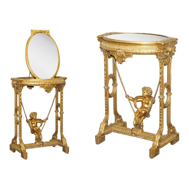 Gold Giltwood Table with Mirror Top, 1920s, Set of 2 For Sale