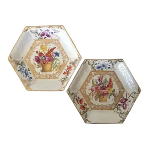Early 19th Century English Regency Porcelain Hexagonal Dishes Painted with Flower Baskets - A Pair