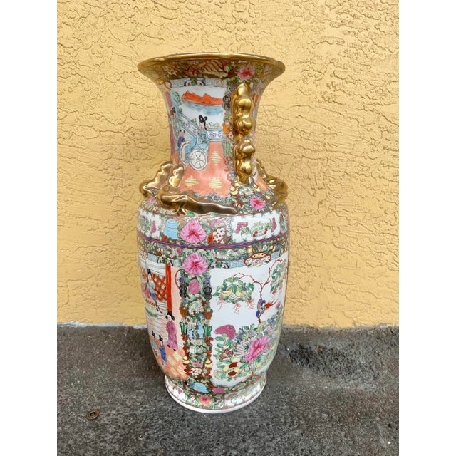 Ceramic Vintage Famille Rose Vase and Hand Painted in Pastels With Heavy Gold Accents For Sale - Image 7 of 11