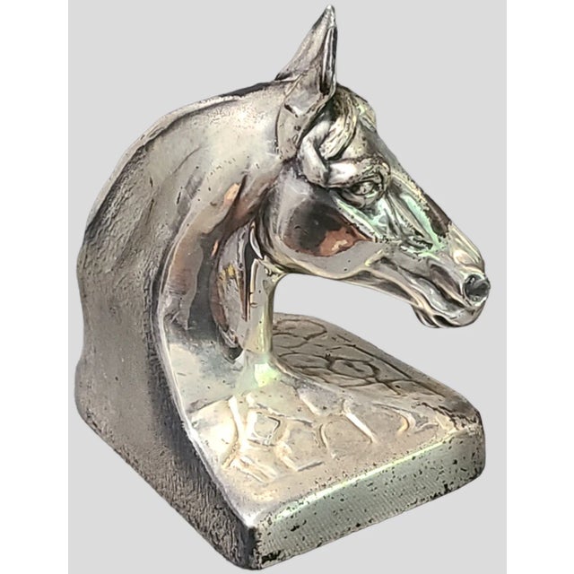 Vintage Decorative Equestrian Horse Head Silvered Metal Bookends Marked Pmc88- Set of 2 For Sale - Image 4 of 10