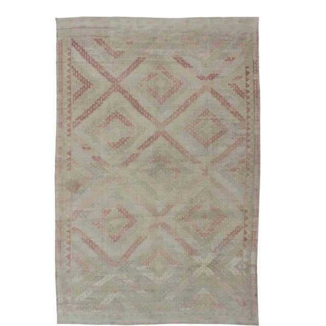 Vintage Turkish Embroidered Rug With Geometric Diamond Design With Soft Colors For Sale