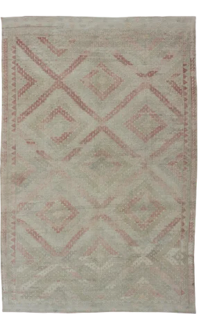 Vintage Turkish Embroidered Rug With Geometric Diamond Design With Soft Colors
