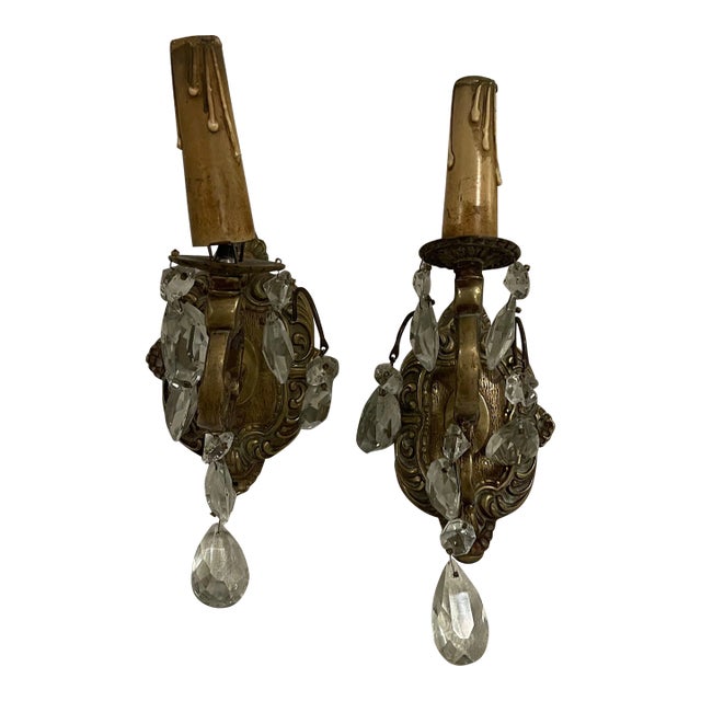1920s Art Deco Brass and Crystal Sconces - a Pair For Sale