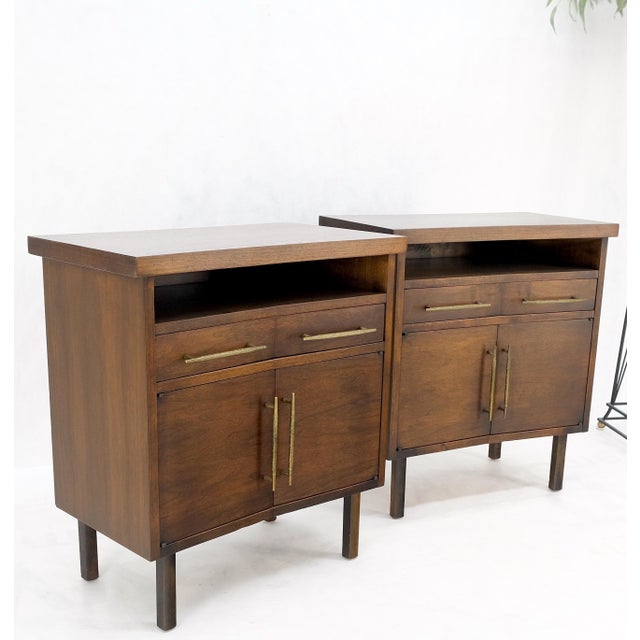 Pair of Walnut Solid Brass Pulls Mid-Century Modern Nightstands Cabinets MINT! For Sale - Image 12 of 13