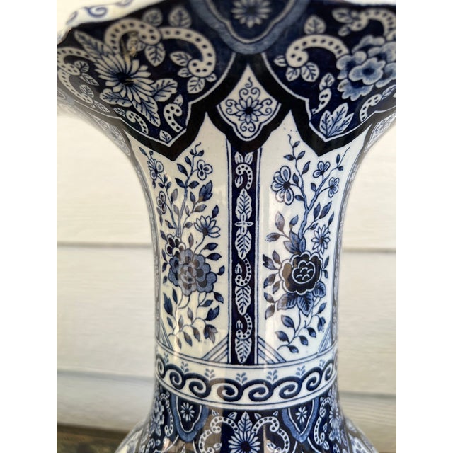 Blue Vintage Large Delft Trumpet Vase Blue and White Floral Boch Royal Sphinx Urn For Sale - Image 8 of 18