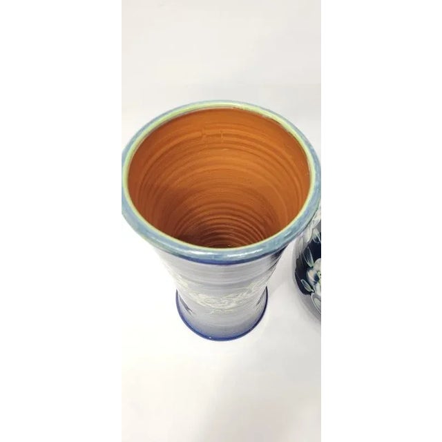 Vintage Navy Blue French Flower Vase Hand Painted Terracotta Art Pottery Flower Design Signed T comme terre This vase is...