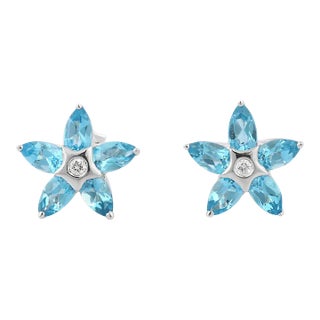 18k White Gold Floral Blue Topaz Diamond Stud Earrings- 2 Pieces For Sale