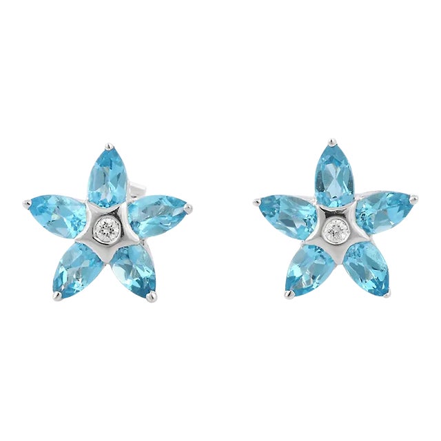 18k White Gold Floral Blue Topaz Diamond Stud Earrings- 2 Pieces For Sale