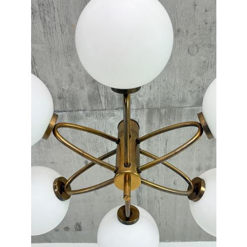 Gold Mid-Century Modern Brass and Opaline Glass 6-Globe Chandelier, 1960s For Sale - Image 8 of 10