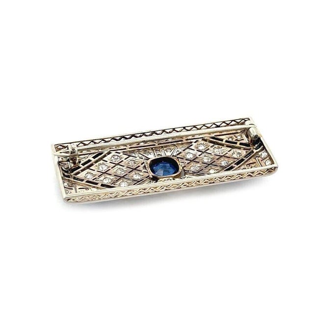 Art Deco Diamond Brooch Platinum 18k Gold Sapphire Rectangle Shape For Sale - Image 4 of 6