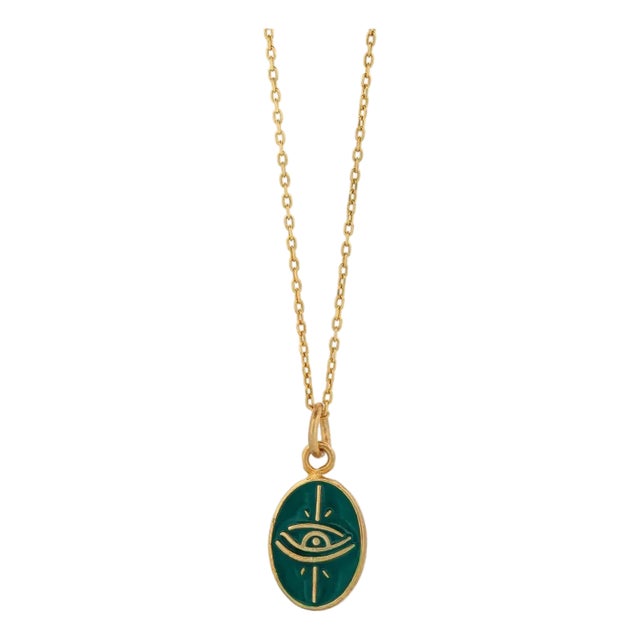 Green Enamel Evil Eye Minimalist Gold Protective Necklace For Sale