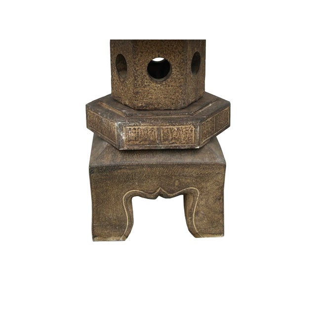 Chinese Gray Brown Hexagon Top Pagoda Shape Garden Stone Lantern For Sale - Image 4 of 7