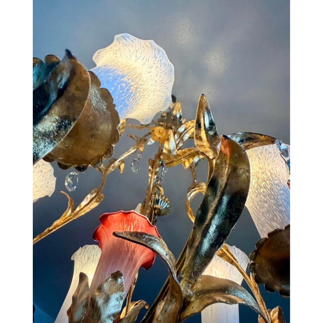 Gold 1950s Florentine Hand Gilt 6 Light Vintage Toleware Chandelier With Shades, Crystals and Floral Glass Drops For Sale - Image 8 of 8