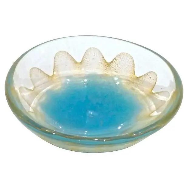 Vintage; 1910-1950, Italian, Mid-Century Modern, sky blue and gold, Murano, glass dish with gold speckle swirl perimeter...