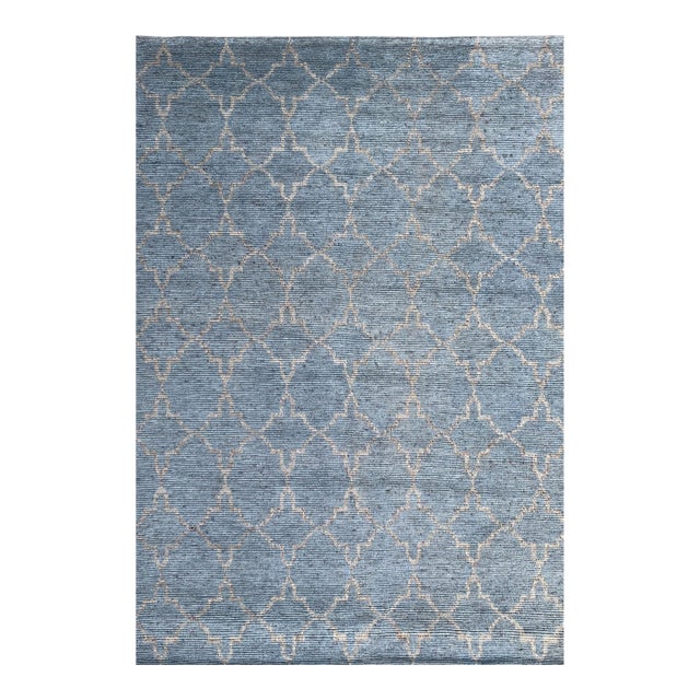 8x10 Versatile Agra Blue Allover Trellis Geometric Modern Hand Knotted Wool Rug For Sale