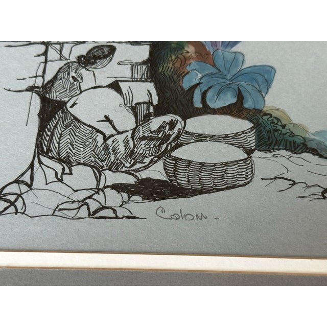 1990s Modernist Mixed Media Pen & Ink Illustration, Framed 14x20 For Sale - Image 4 of 10