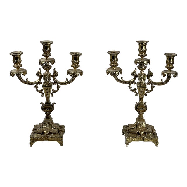 Antique Pair Late 19th Century Brass Three Light Candelabra For Sale