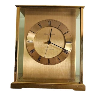 Vintage 1970s Seth Thomas Brass Glass Carriage Mantle Desk Dedication Quartz Clock For Sale