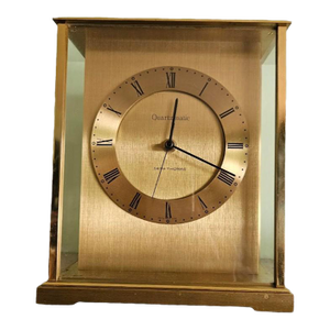 Vintage 1970s Seth Thomas Brass Glass Carriage Mantle Desk Dedication Quartz Clock