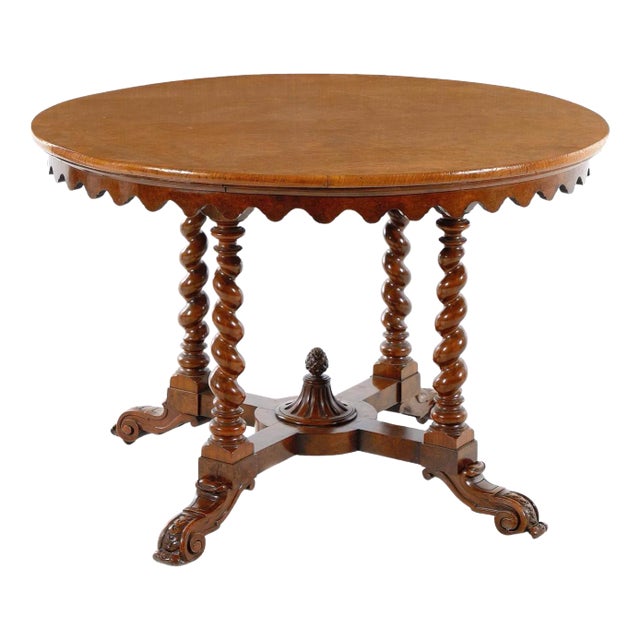Victorian Walnut Center Table Barley Twist Supports Carved Feet, 19th Century For Sale