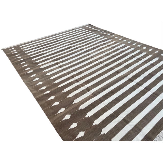 Coffee Handwoven Cotton Area Rug, Natural Vegetable Dyed, Brown and White Striped Dhurrie - 5'x7' For Sale - Image 8 of 10