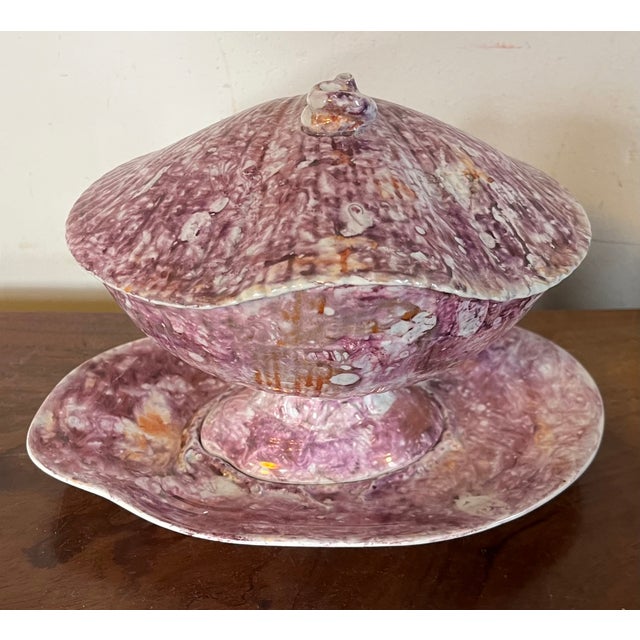 Wedgwood Antique Early 19th Century English George III Wedgwood Pink Moonlight Luster Sea Shell Sauce Tureen and Under Plate Circa 1810 For Sale - Image 4 of 12