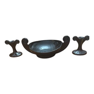 Fostoria Art Deco Ebony Glass Consul Bowl With Matching Candlestick Holders by George Sakier Circa 1925 For Sale