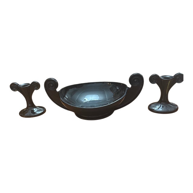 Fostoria Art Deco Ebony Glass Consul Bowl With Matching Candlestick Holders by George Sakier Circa 1925 For Sale