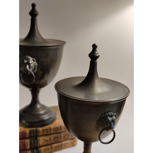 French Vintage Regency Style Chestnut Urn With Lion Head Ring Handles ~ a Pair For Sale - Image 3 of 7