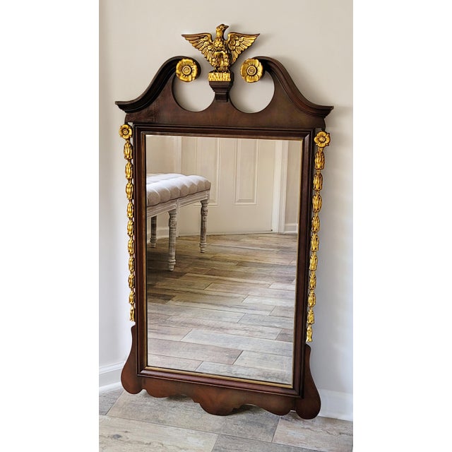This Finely-Crafted Elegant Vintage American Federal Wall Mirror features a beautiful, rich mahogany grain with gold gilt...