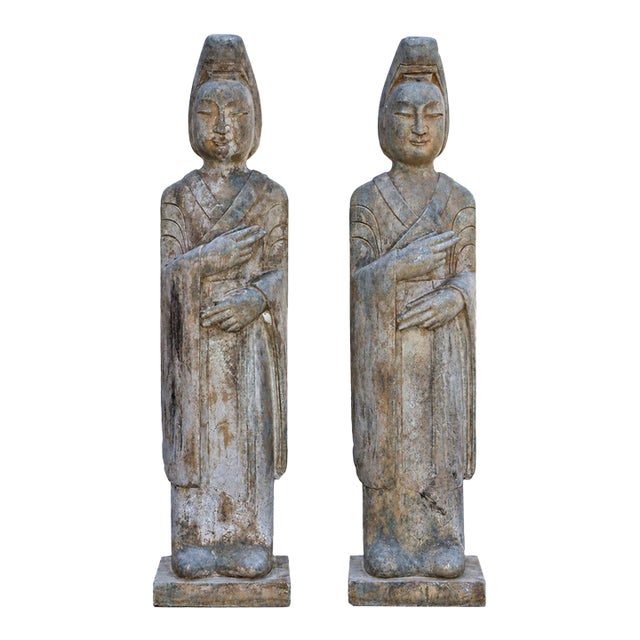 Pair Monumental Antique 48" Solid Stone Chinese Court Lady Figure Statues Tang Style For Sale