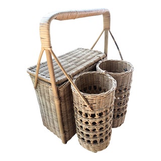 Natural Woven Wicker Rattan Caned Picnic Basket and Wine Caddy For Sale