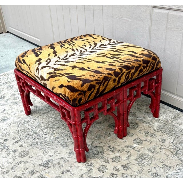 1970s 1970s Vintage Chinoiserie Red Ottoman With Tiger Fabric Upholstery For Sale - Image 5 of 12