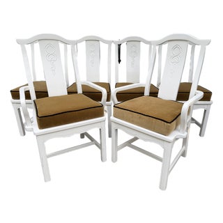 Vintage Asian Style Lacquered Dining Chairsby Thomasville W/ Velvet Cushions, Set of 6 For Sale