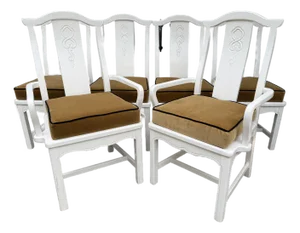 Vintage Asian Style Lacquered Dining Chairsby Thomasville W/ Velvet Cushions, Set of 6