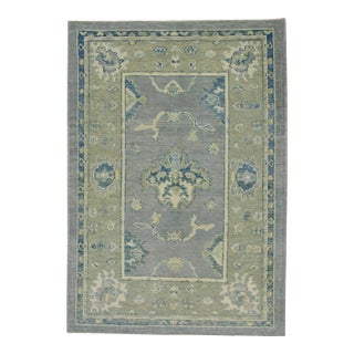 Early 21st Century Blue & Green Floral Design Handwoven Wool Turkish Oushak Rug 4'1" X 5'10" For Sale