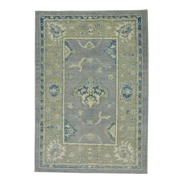 Early 21st Century Blue & Green Floral Design Handwoven Wool Turkish Oushak Rug 4'1" X 5'10" For Sale