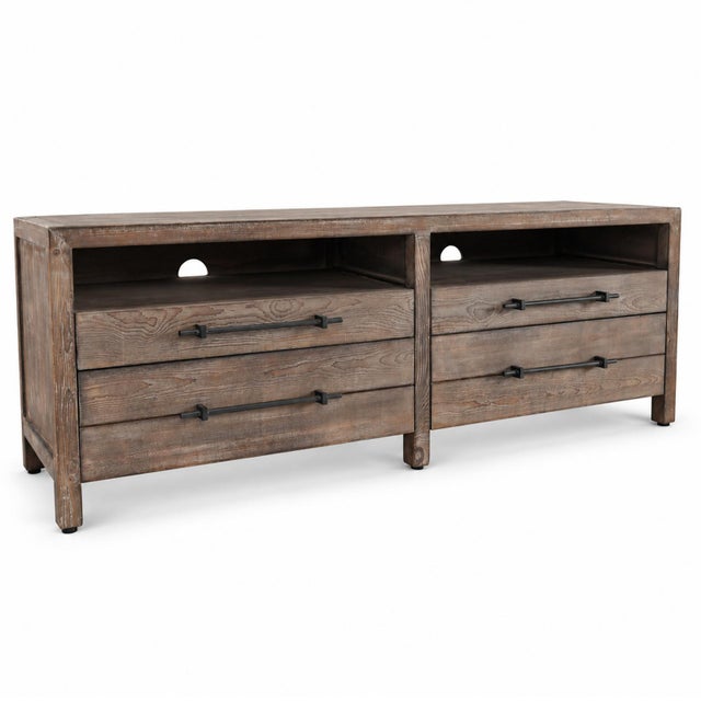 This substantial media cabinet is crafted from salvaged pine, showcasing the natural character, weathered patina, and...