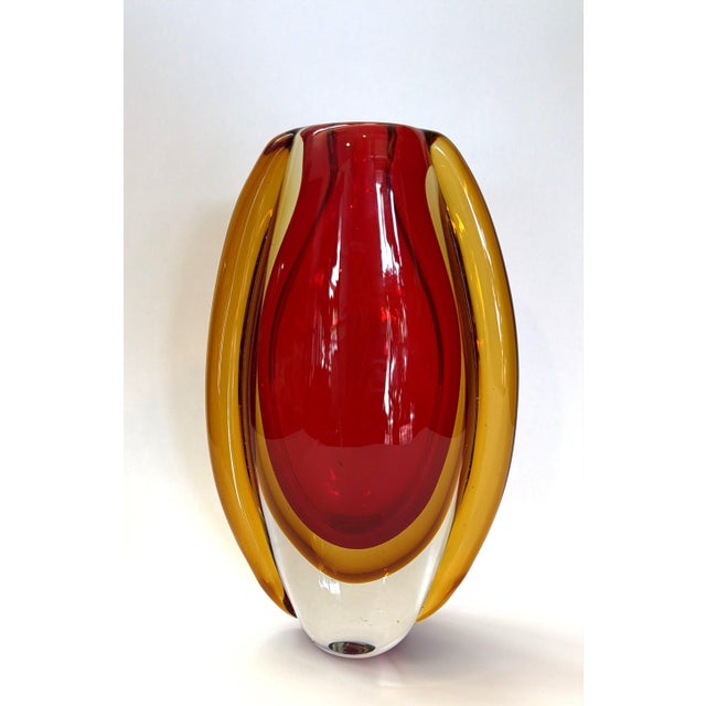 Mid-Century Modern Murano Style Sommerso Art Glass Vase in Red and Amber For Sale - Image 3 of 12