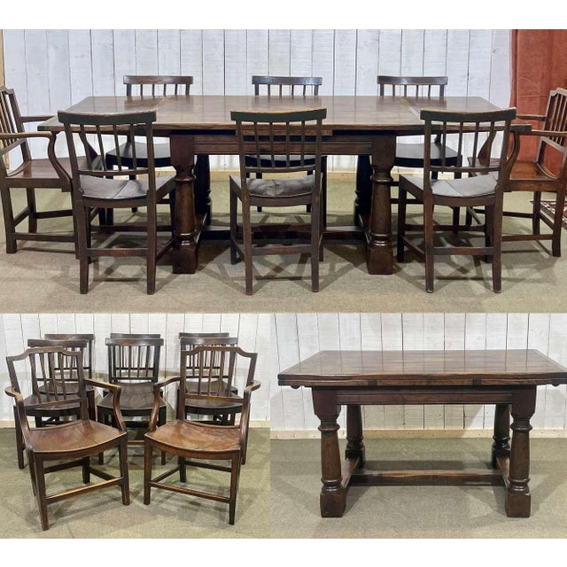 Antique Table in Elm and Oak with Extensions and Chairs, Set of 9 For Sale - Image 4 of 18
