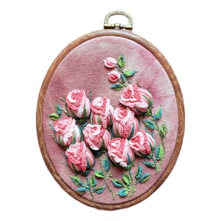 3d Rose Stumpwork Embroidery Art, Framed Botanical Sculpture, Handmade Floral Wall Decor For Sale
