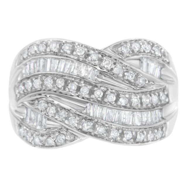 .925 Sterling Silver 1.0 Cttw Channel Set Alternating Round and Baguette Diamond Cross-over Bypass Ring Band (I-J Color, I2-I3 Clarity) - Size 7 For Sale